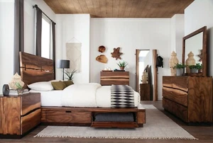 4 PC SMOKEY WALNUT TREE SLAB QUEEN STORAGE BED NS DRESSER BEDROOM FURNITURE SET - Picture 1 of 22