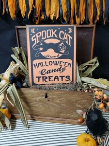 PRIMITIVE VINTAGE FOLK ART VICTORIAN STYLE SPOOKY CAT HALLOWEEN CANDY TREAT SIGN - Picture 1 of 8