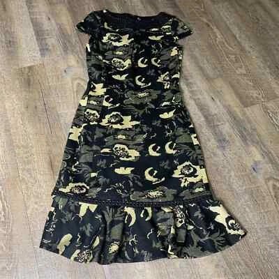 Vestido Belle Badgley Mischka para mujer talla 2 negro dorado floral mangas con volantes Foto 1 de 4