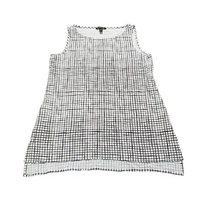 Eileen Fisher Textured Crepe Grid Long Shell Women's XS Bateau-Neck Black White - Picture 1 of 4