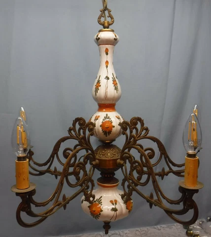 Antique Vintage Majolica Brass 5 Light Candle Chandelier Orange Flowers Cover