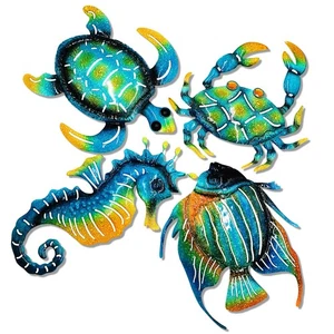Set of 4 Metal Outdoor Wall Art Decor, Blue Turtle Fish Crab and Seahorse - Picture 1 of 7