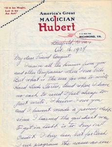1934 America's Great Magician Hubert Handwritten Signed Letter Escape Artist - Picture 1 of 2