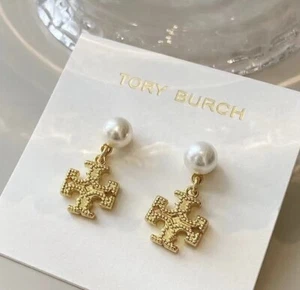 Tory Burch Vintage Style Pearl Double T Drop Lady Earrings Gold Plated Nice Gift - Picture 1 of 7