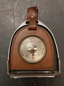 Old Vintage Barometer Desktop Horse Stirrup Leather Made in England Restored - Picture 1 of 4