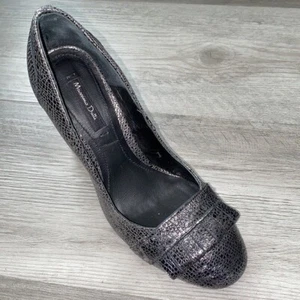 Massimo Dutti Plata Leather Block Heels Womens 6.5 Ruffle Pewter Silver Gray - Picture 1 of 10