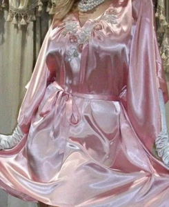 Vtg Pink Sequin Satin Nightgown Kaftan Robe 1X 2X Bust 46 48 - Picture 1 of 3