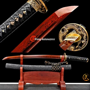 Red&Black Wakizashi Damascus Folded Steel Combat Ready Japanese Samurai Sword - Picture 1 of 12