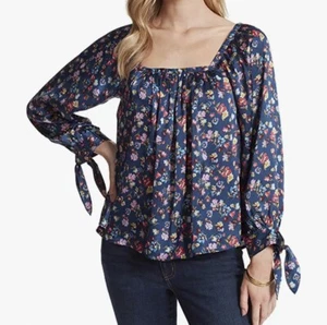 Jessica Simpson Relax Fit Bluse Langarm Bindebündchen Blumenmuster blau Print Small - Bild 1 von 7