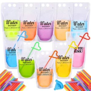 50 Drink Pouches Bags Reusable Juice Smoothie Stand Up Zipper Seal & Straws Kit - Picture 1 of 16