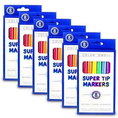 Color Swell Super Tip Washable Markers Bulk Pack 6 Boxes of 8 Vibrant Colors (48