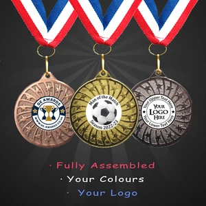50mm Football Man of the Match Medal + Ribbon + Engraving + Your Own Logo - Picture 1 of 11