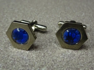 Gemelos vintage de piedra azul hexicón tono plata EE. UU. - Imagen 1 de 3