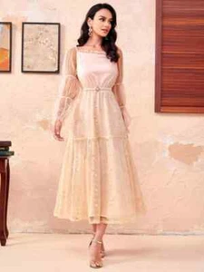 Dress "(2)" "(4)" "(6)" Floral Embroidered Flounce Sleeve Frilled Mesh Dress - Picture 1 of 5