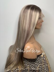 Ash Blonde Lace Front Wig Long Straight 13x4 Platinum Highlights 24inch Heat Ok
