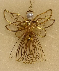 Vintage strahlender Engel Ornament 1997 Avon Golddraht Perlenkopf, baumelnder Engel - Bild 1 von 5