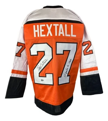 Ron Hextall Philadelphia Signed Orange Hockey Jersey 1st Goalie To Score BAS - Image 1 of 3