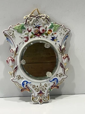 Antique French? Hand Painted Porcelain Hanging Round Beveled Mirror - Image 1 of 4