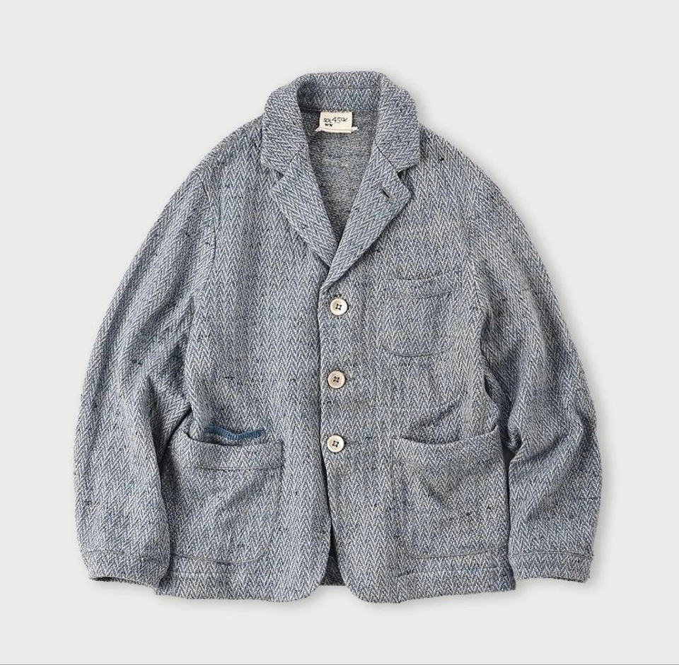 45R / 45rpm Linen blend Herringbone Tailored Jacket Blue Near MINT - Image 1 of 4