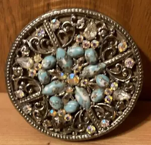 Strass fiori filigrana tono oro compatto vintage - turchese flusso e specchio - Foto 1 di 5