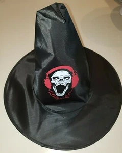 GIRLS NEW BLACK WIRE RIMMED WITCH HAT HALLOWEEN COSTUME SCREAMING SKULL RED HAIR - Picture 1 of 1
