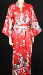 Elegant Peacock Silk Satin Kimono Robe Sleepwear Long w/ Waist Tie, Red - Picture 1 of 4