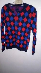 Tommy Hilfiger Strickjacke Damen Gr. M rot blau Rauten Knopfleiste Pima Baumwolle - Bild 1 von 3