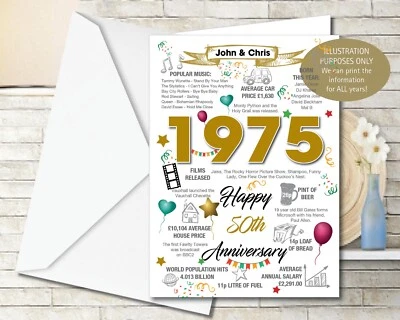 1975 50th Personalised GOLDEN GOLD WEDDING Anniversary Facts Greeting Card 197 - Image 1 of 4