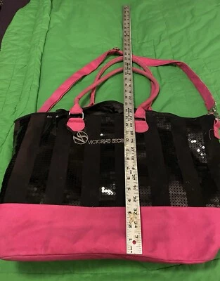 Victoria's Secret Shoulder Bag Tote Sequin Logo Purse Large Weekender Black Pink - Image 1 of 3