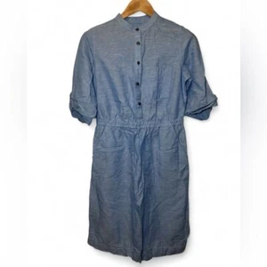 Ann Taylor Women 4 Tall Blue Denim Like Linen Cotton Shirt Pockets Cuff Dress - Picture 1 of 5