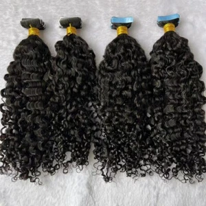 Full head 24" Curly PU Injected Invisible Tape in Natural Remy Human Hair 100g - Picture 1 of 8