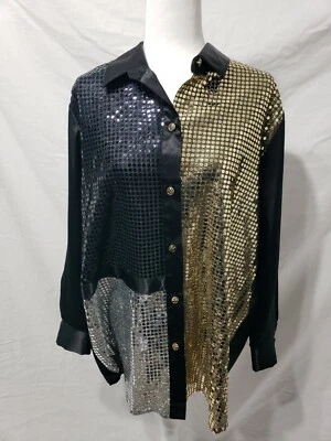 Серебряные нити 70-х зеркальный диско туника на пуговицах верх, размер 1 X США VGC - Изображение 1 из 4