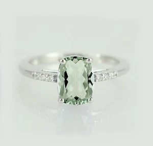 Cushion Prasiolite Green Amethyst Diamond Classic Ring 925 Sterling Silver - Picture 1 of 5