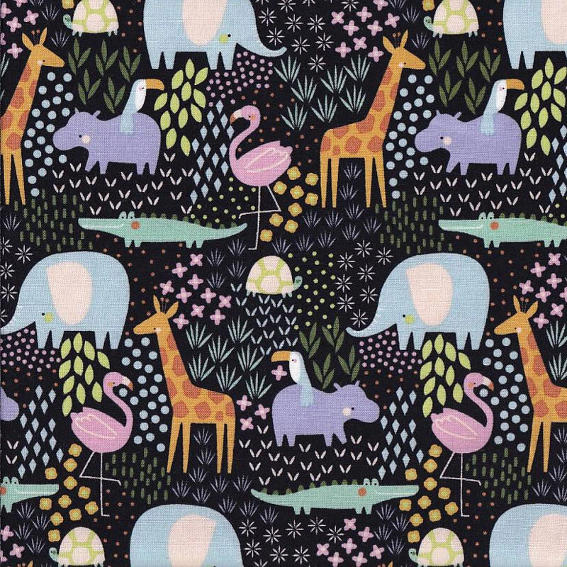 Stylised Cartoon Animals Giraffe Elephant on Black Harmony Quilting Fabric 1/2 M - image 1 of 1