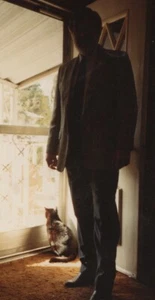 Man Standing in Doorway Silhouette with Cat 1970s-80s Scene Kitty Artistic - Picture 1 of 3