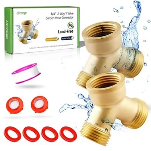 2 Pack Solid Brass Leadfree Body Backyard 2 Way Y Valve Garden Hose Connector  - Picture 1 of 8
