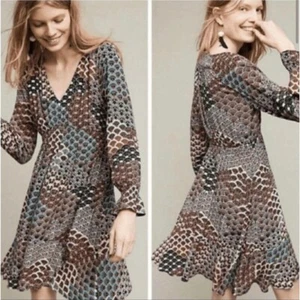 Maeve Anthropologie A-Line Dress Scalloped Peacock Print Cinch Waist Size Med - Picture 1 of 9