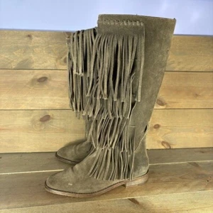 free people madge womens size 7 shoes gray suede knee high fringe boots - Picture 1 of 11