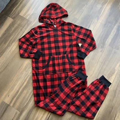 Wondershop Adult One-Piece Fleece Hooded Pajamas Full Zip Red Plaid XL - Image 1 of 4