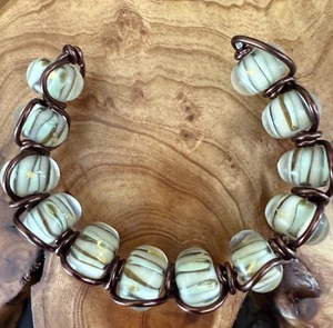 Cuff Bracelet Handmade Brown Aluminum Wire Striped Brown Lampwork Glass Beads - Picture 1 of 3