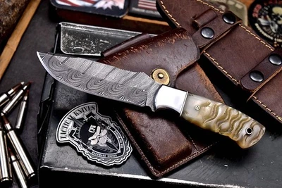 Cuchillo CFK Hecho a Mano Damasco Personalizado Cuerno de Oveja Caza Desollador Camping Senderismo Foto 1 de 4