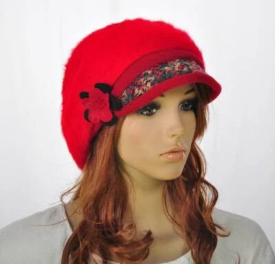 M140 Red Rabbit Fur Wool Brim Hat Women's Winter Beanie Newsboy Cap New - Image 1 of 4