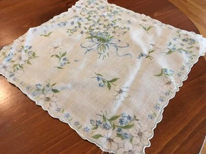 Vintage 50s Cottagecore Printed Scalloped Hanky Handkerchief Blue Floral Flower - Picture 1 of 6
