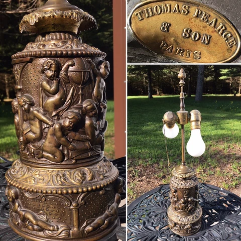 ANTIQUE VICTORIAN BRONZE CHERUB LAMP 19th French by Thomas Pearce & Son of Paris Cover