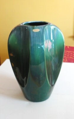 Midcentury Modern 11" Royal Haeger Blue Green Drip Glaze Vase 4 Concave Sides - Image 1 of 4