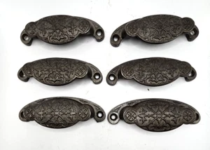 JUEGO DE 6 HERRAJES DE GABINETE TIRADORES TAZA CAJÓN HIERRO VICTORIANO DECORACIÓN ORIGINAL - Imagen 1 de 14