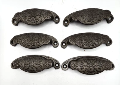 JUEGO DE 6 HERRAJES DE GABINETE TIRADORES TAZA CAJÓN HIERRO VICTORIANO DECORACIÓN ORIGINAL Foto 1 de 4