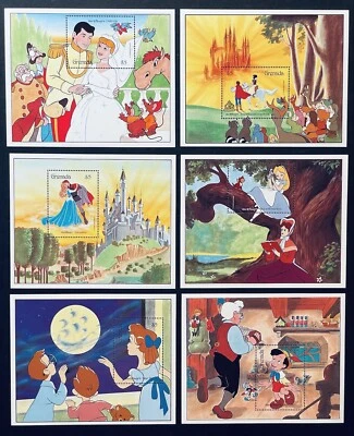 SELOS CLÁSSICOS DE CONTOS DE FADAS GRANADA DISNEY 6 P/S 1987 MNH CINDERELA BRANCA DE NEVE - Imagem 1 de 4
