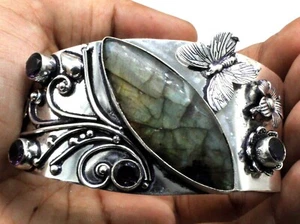 925 Sterling Silver Labradorite Gemstone Handmade Jewelry Cuff Bracelet Size-ADJ - Picture 1 of 10