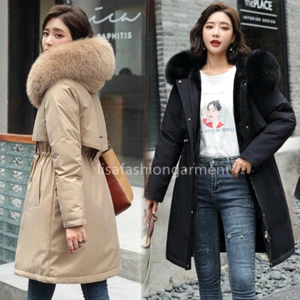 Women Big Fur Collar Coat Winter Warm Outwear Long Parka Hooded Quilted Jacket - Picture 1 of 28